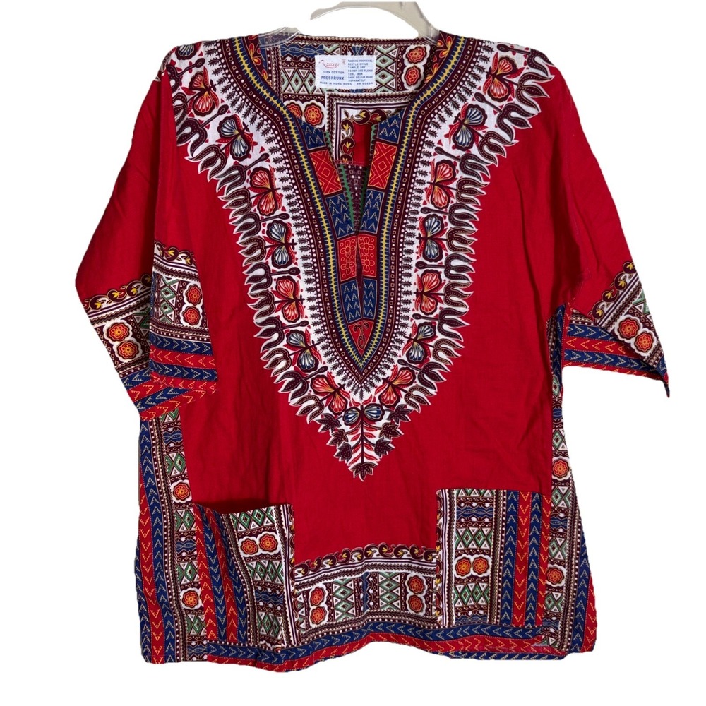 Vintage 1970's Radlee Traditional African Dashiki Shirt Red Tribal Print Tunic S